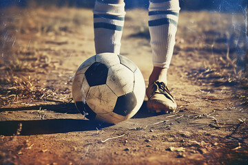 Soccer ball with football player`s feet