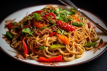 Tangy Noodles stir fry. Cuisine dish plate. Generate Ai