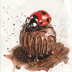 A ladybug perched on a chocolate truffle, with its spots resembling chocolate chips