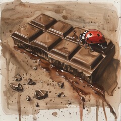 A ladybug crawling across a chocolate bar, leaving behind tiny chocolate footprints