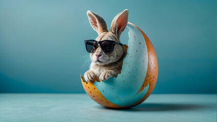 A small bunny wearing sunglasses is sticking out of a cracked Easter egg. The background is blue. - obrazy, fototapety, plakaty