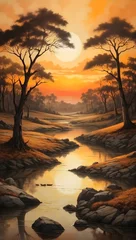 Foto op Plexiglas Traumhaftes Gemälde - Landschaft mit Sonnenuntergang © lavillia