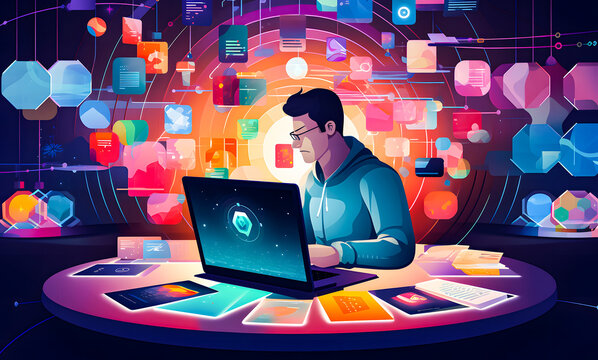 Photo of guy hands arms working front back end programming indoors workstation workshop home