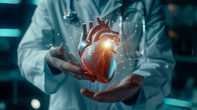 the doctor holds a diagram of the heart in his hands. selective focus.