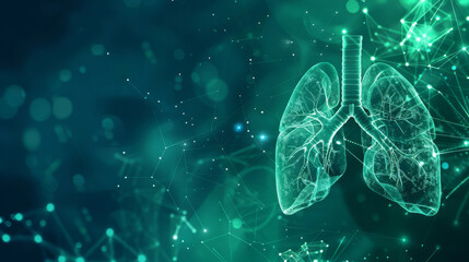 Futuristic, human lungs and medical with healthcare, innovation and respiratory system with diagram. Breathing, lights and bokeh with bronchi branch and tubes with oxygen and illustration of organs