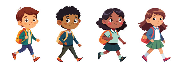 Diverse group of children go back to school with backpacks, vector cartoon illustration.