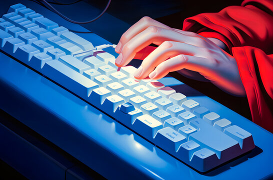Photo of guy hands arms working front back end programming indoors workstation workshop home