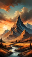 Foto op Plexiglas Traumhaftes Gemälde - _Bergige Landschaft mit Sonnenuntergang © lavillia