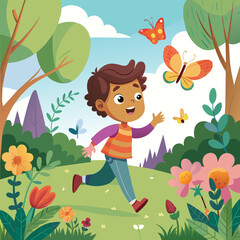 Joyful child chasing butterflies in a flower field, vector cartoon illustration.