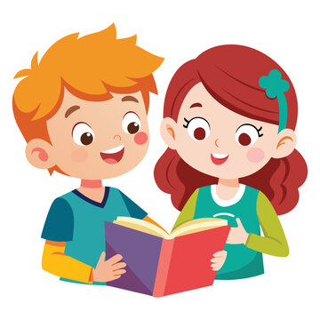 Two enthusiastic children, boy and girl sharing books and learning together, vector cartoon illustration.