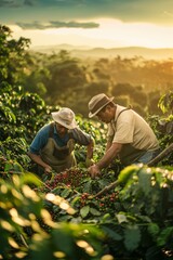 Coffee Farmers Handpicking Ripe Coffee Cherries in The Early Morning Light, Showcasing The Meticulous Care and Dedication Involved in Harvesting, Generative AI