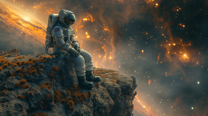 Astronaut on rock surface with space background. - obrazy, fototapety, plakaty
