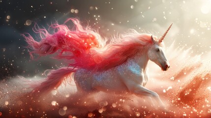 unicorn with glitter pink hair graphic clip art on  background - obrazy, fototapety, plakaty
