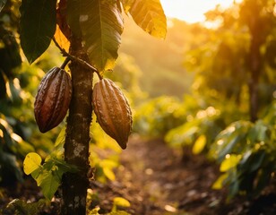 Reife Kakaofrüchte auf Kakaopflanze im Regenwald - alles grün und fruchtig - zwei - Kakaobohnen zur Schokoladen Herstellung - obrazy, fototapety, plakaty