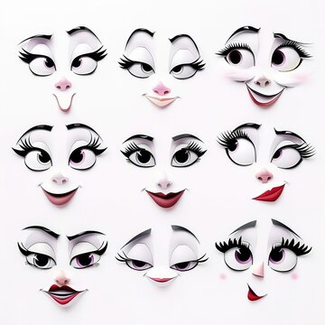 Collection cartoon woman faces of the white paper character with big eyes and curled eyelashes, pink lips, smile and thin eyebrows in a close-up on a white background. Set funny expressions