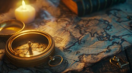 An evocative still life of a tarnished brass compass lying on a weathered map, its needle pointing towards an unknown destination, illuminated by the soft glow of candlelight - obrazy, fototapety, plakaty