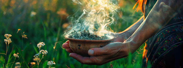 smoke with incense in hands in a bowl. selective focus. - obrazy, fototapety, plakaty