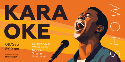 Karaoke party show banner. Music night club festival drawing art print. Man sing song into mic. Musical event artwork placard template with singing black male person. Trendy typography vector design