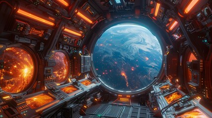 A spaceship with a view of the Earth and the sun - obrazy, fototapety, plakaty