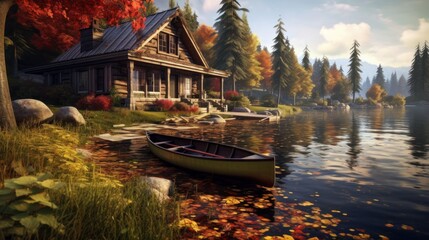 A picturesque cabin by a tranquil lake with a rowb AI generated