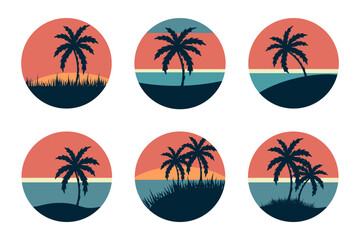 Stickers with tropical landscapes. Summer sunset. silhouette of palm tree. retro style. vector.