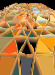 3D exploding surface view of triangular mosaic colourful on a black background