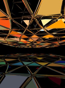 3D exploding surface view of triangular mosaic colourful on a black background