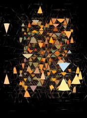 3D exploding surface view of triangular mosaic colourful on a black background