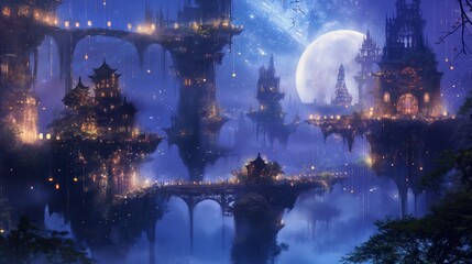 An otherworldly cityscape of towering spires and intricate bridges suspended between floating islands, bathed in the soft glow of magical lanterns and illuminated 