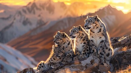 A family portrait of snow leopards basking in the golden light of the Himalayan sunset - obrazy, fototapety, plakaty