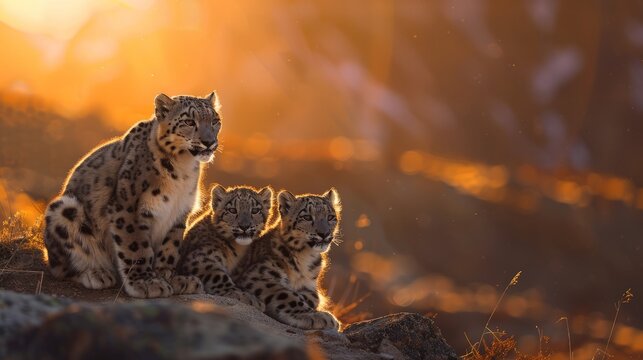 A family portrait of snow leopards basking in the golden light of the Himalayan sunset