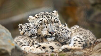 Obraz premium A heartwarming moment of a snow leopard mother cuddling her sleeping cubs, symbolizing maternal devotion