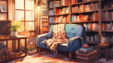 A watercolor depiction of a cozy reading nook show AI generated - obrazy, fototapety, plakaty