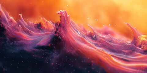 Vibrant abstract portrayal of a fiery wave with splashes of pink and dark blue, set against a radiant orange background, suggesting a dance of fire and water