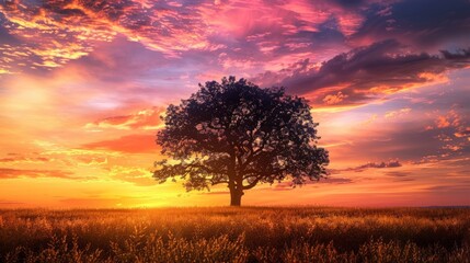 A lone tree casting a dramatic shadow against a vibrant sky, symbolizing solitude and strength - obrazy, fototapety, plakaty