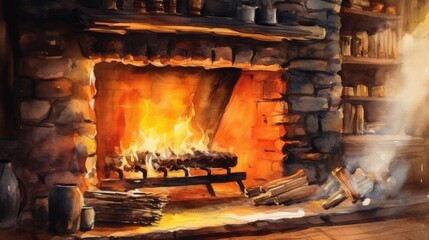 A watercolor painting of a cozy fireplace showcasing AI generated