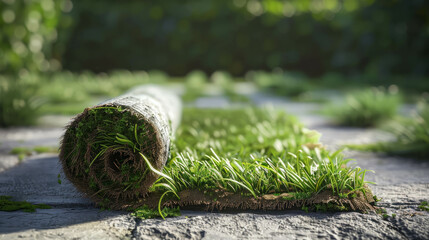 Explore the intricacies of grass installation with this photorealistic image, showcasing sod unrolling like a carpet. AI generative. - obrazy, fototapety, plakaty