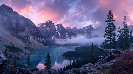 Evening at Moraine Lake taken from the rockpile. It is probably the most iconic Canadian lake. Banff National Park - Alberta - obrazy, fototapety, plakaty