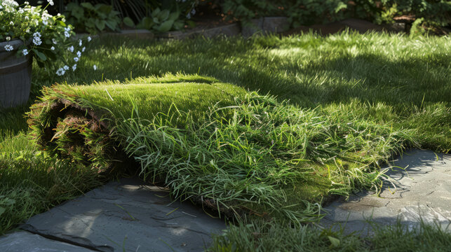 Experience the lifelike quality of sod in this hyperrealistic photo, resembling a carpet unrolling. AI generative.
