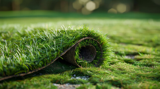 Explore the intricacies of grass installation with this photorealistic image, showcasing sod unrolling like a carpet. AI generative.