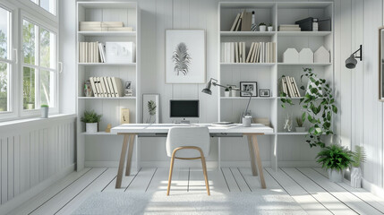 Fototapeta na wymiar Discover a minimalist study room with Scandinavian design, showcasing a realistic study table and chair in white and gray. AI generative.