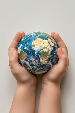 Child hands cradle miniature Earth on vivid white background with copy space AI Image