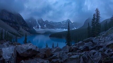 Evening at Moraine Lake taken from the rockpile. It is probably the most iconic Canadian lake. Banff National Park - Alberta