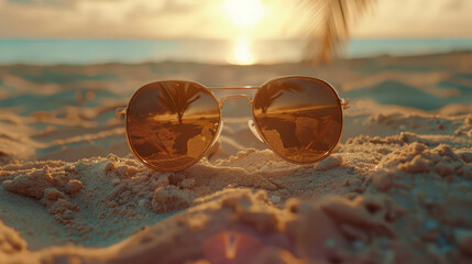 Embrace the summer spirit with sunglasses on the beach, where sand and sunshine meet. AI generative.