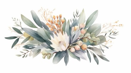 Delicate eucalyptus watercolor bouquet AI generated - obrazy, fototapety, plakaty