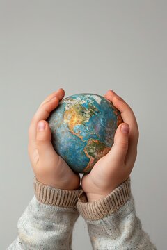 Child hands holding miniature Earth on vivid white background with copy space AI Image