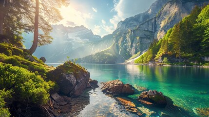 Fantastic views of the turquoise Lake Obersee under sunlight. Dramatic and picturesque scene. Location famous resort: Nafels, Mt. Brunnelistock, Swiss Alps. Europe. Artistic picture. Beauty world - obrazy, fototapety, plakaty