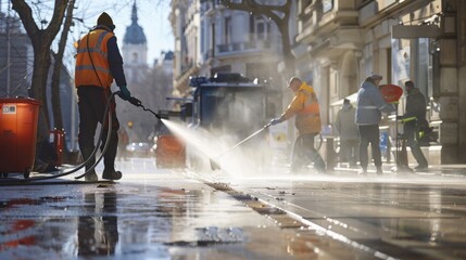 A team of sanitation workers using power washers to clean grime off streets, restoring urban beauty - obrazy, fototapety, plakaty