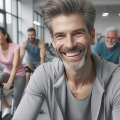 Energetic Senior Man Enjoying Exercise on Stationary Bike in Gym