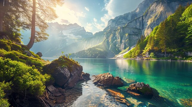 Fantastic views of the turquoise Lake Obersee under sunlight. Dramatic and picturesque scene. Location famous resort: Nafels, Mt. Brunnelistock, Swiss Alps. Europe. Artistic picture. Beauty world